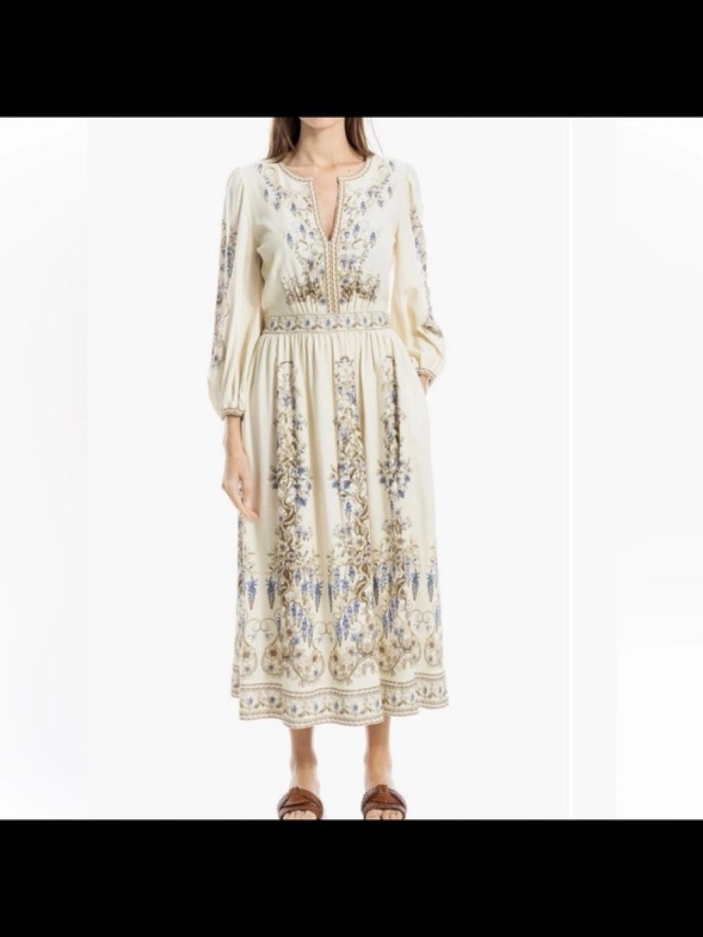Max Studio Cream Midi Dress with Blue and Tan Embroidery